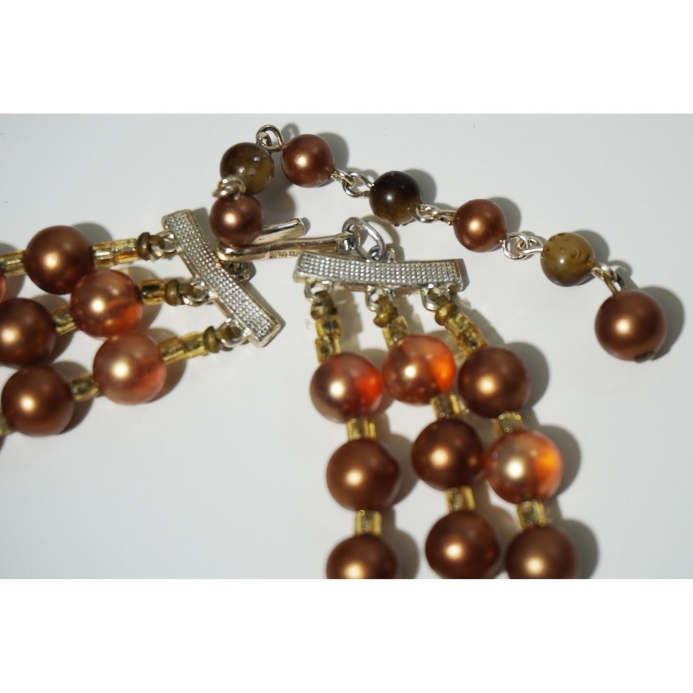 Vintage Japanese Signed 3 Strand Bib Bead Necklace Glass Faux Pearl Silver Toned - Picture 3 of 4